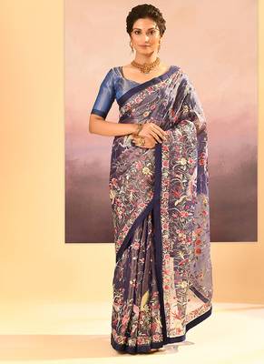 Midnight blue embroidered tissue saree set 1