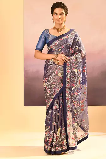 Midnight blue embroidered tissue saree set