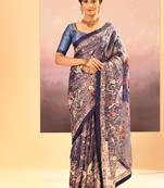 Midnight blue embroidered tissue saree set