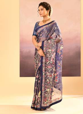 Midnight blue embroidered tissue saree set 2