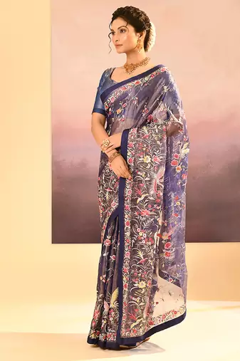 Midnight blue embroidered tissue saree set