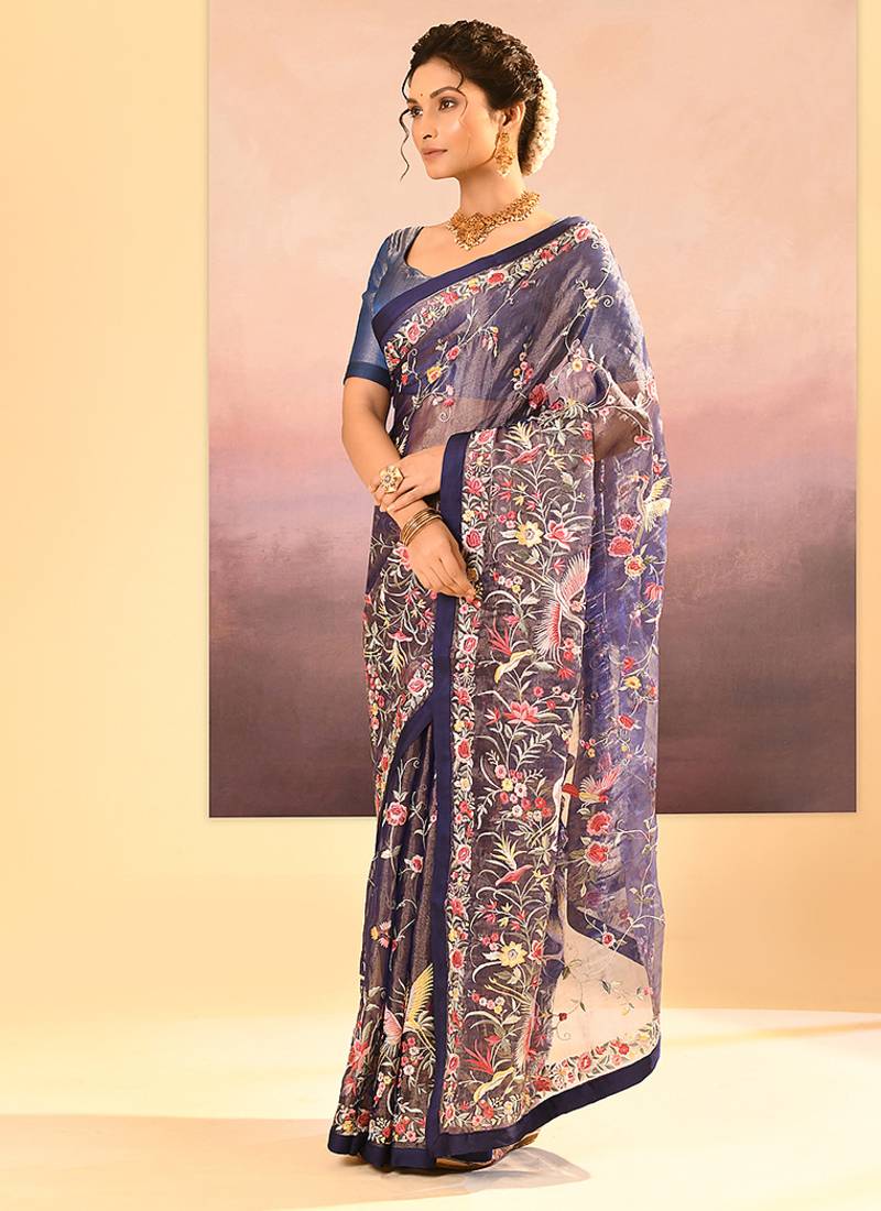 Midnight blue embroidered tissue saree set