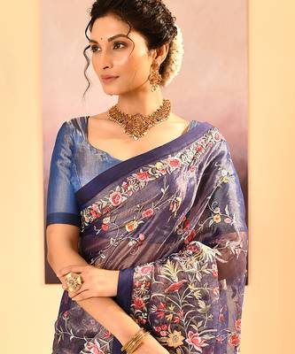 Midnight blue embroidered tissue saree set 4