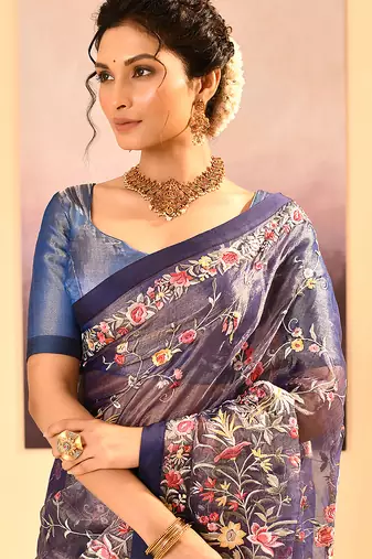 Midnight blue embroidered tissue saree set