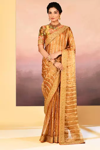 Classic gold embroidered tissue saree set