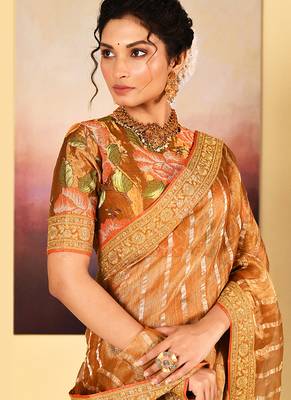 Classic gold embroidered tissue saree set 4
