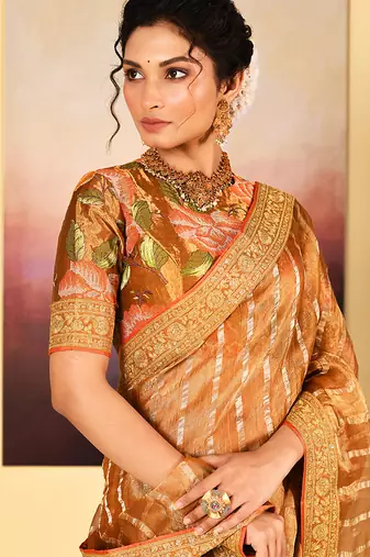 Classic gold embroidered tissue saree set