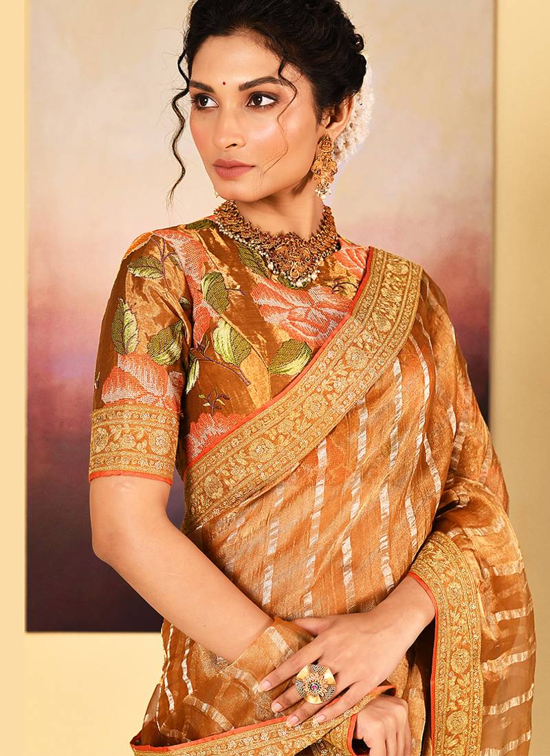 Classic gold embroidered tissue saree set