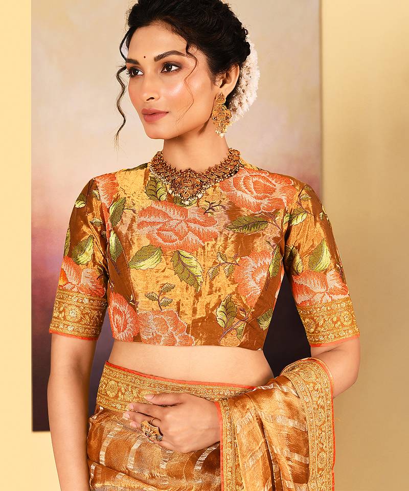 Classic gold embroidered tissue saree set