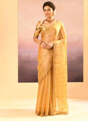 Golden yellow embroidered tissue saree set 1