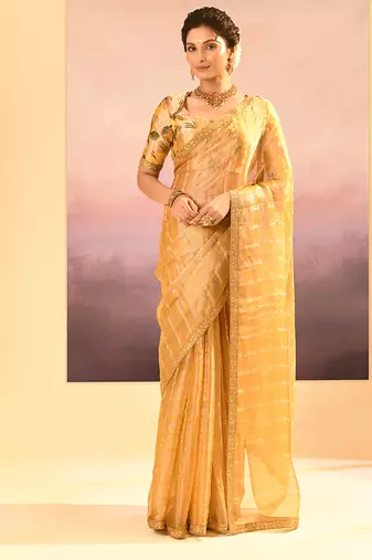 Golden yellow embroidered tissue saree set