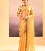 Golden yellow embroidered tissue saree set