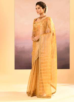 Golden yellow embroidered tissue saree set 2