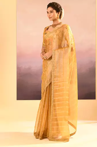 Golden yellow embroidered tissue saree set