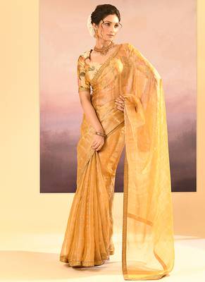 Golden yellow embroidered tissue saree set 3