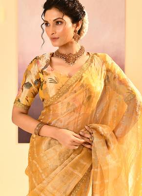 Golden yellow embroidered tissue saree set 4