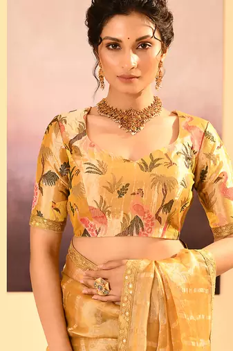 Golden yellow embroidered tissue saree set