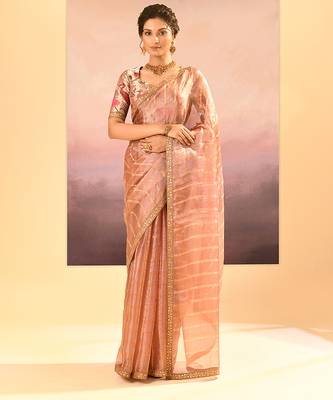 Rose pink embroidered tissue saree set 1