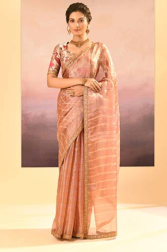Rose pink embroidered tissue saree set