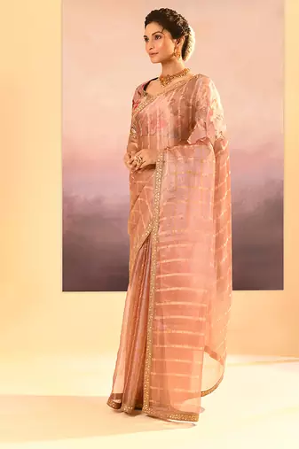 Rose pink embroidered tissue saree set