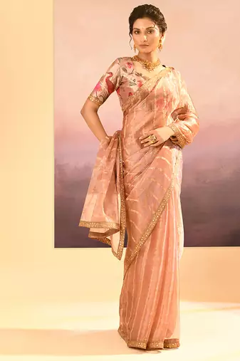 Rose pink embroidered tissue saree set