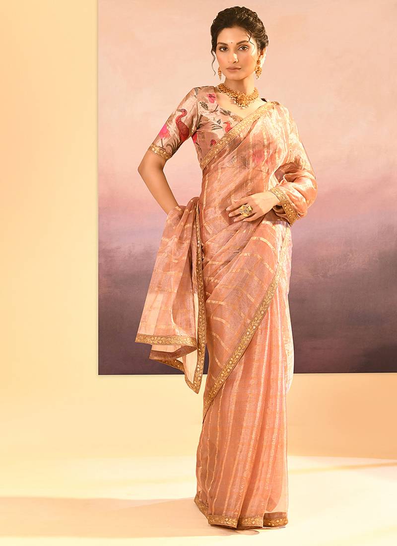 Rose pink embroidered tissue saree set