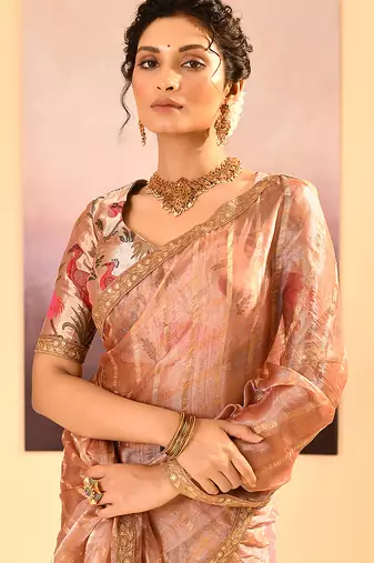 Rose pink embroidered tissue saree set