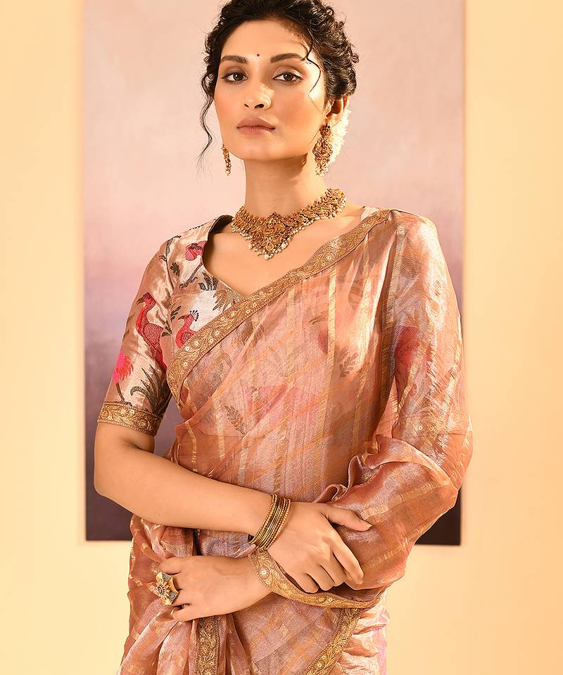 Rose pink embroidered tissue saree set
