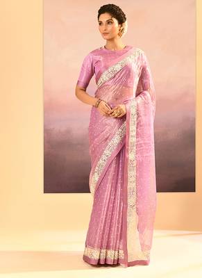 Pastel pink embroidered tissue saree set 1