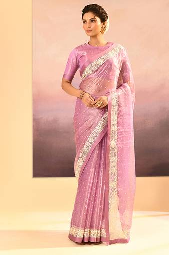 Pastel pink embroidered tissue saree set