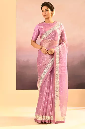 Pastel pink embroidered tissue saree set