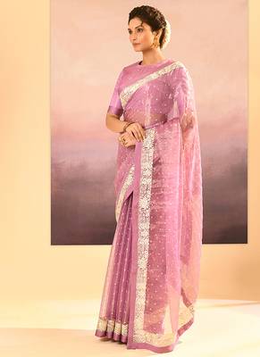 Pastel pink embroidered tissue saree set 2