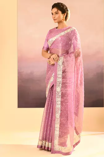 Pastel pink embroidered tissue saree set
