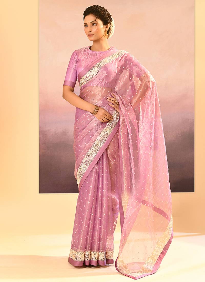 Pastel pink embroidered tissue saree set