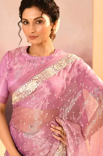 Pastel pink embroidered tissue saree set