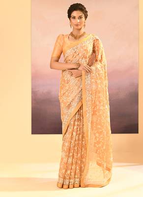 Gold beige embroidered tissue saree set 1