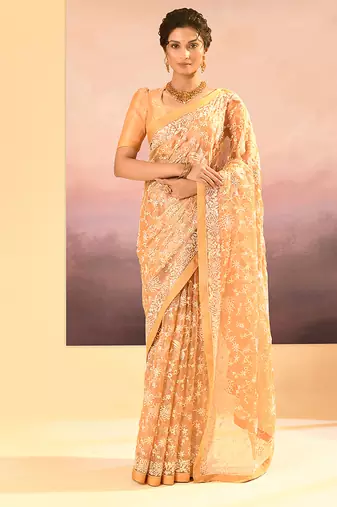 Gold beige embroidered tissue saree set