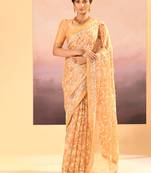 Gold beige embroidered tissue saree set