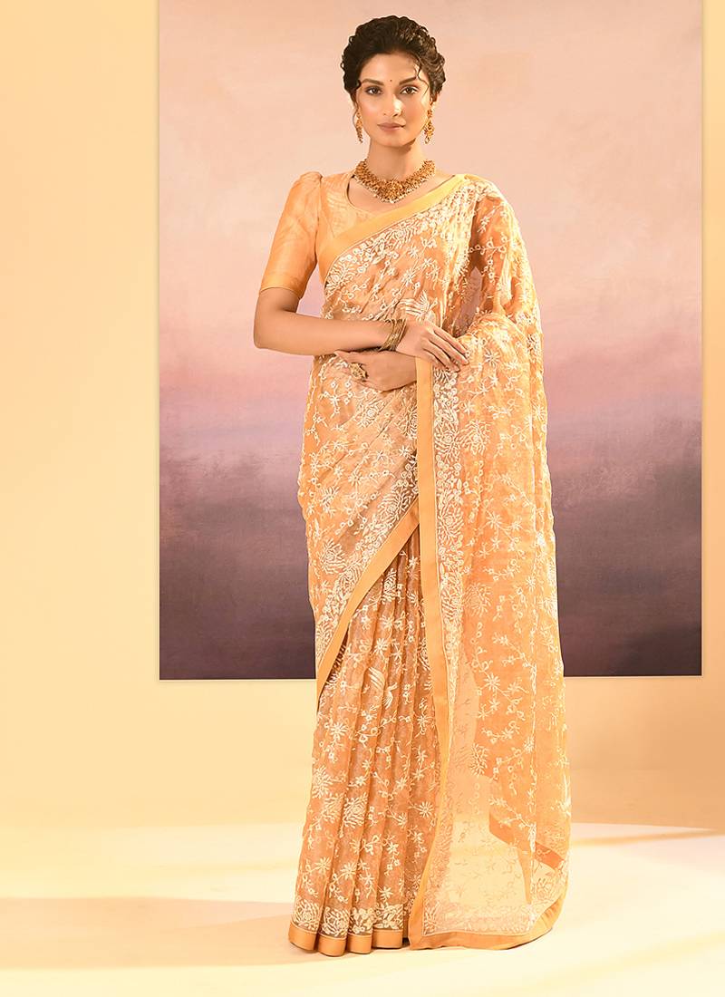 Gold beige embroidered tissue saree set