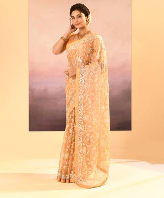 Gold beige embroidered tissue saree set 2