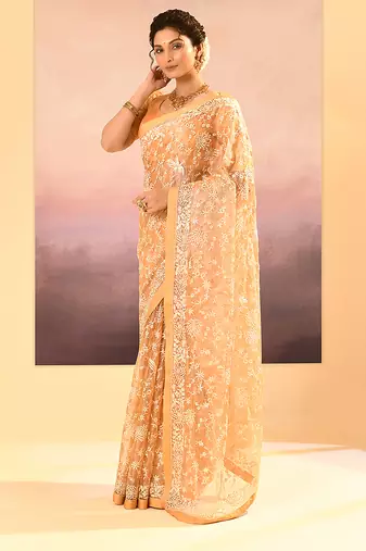 Gold beige embroidered tissue saree set