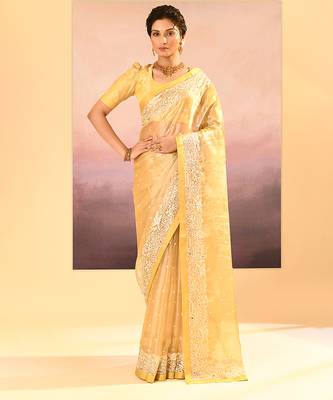 Yellow embroidered tissue saree set 1