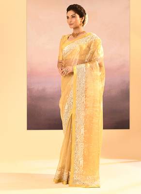 Yellow embroidered tissue saree set 2