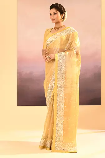 Yellow embroidered tissue saree set