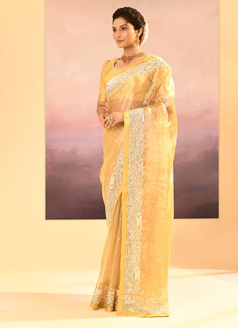 Yellow embroidered tissue saree set