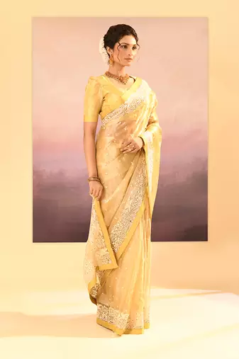 Yellow embroidered tissue saree set