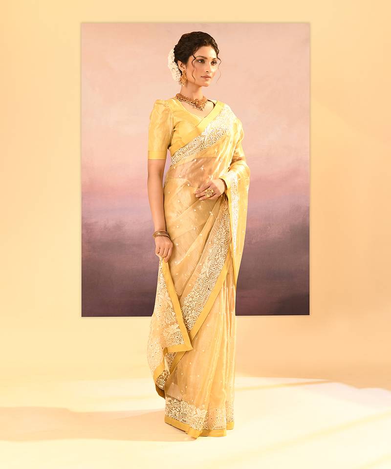 Yellow embroidered tissue saree set