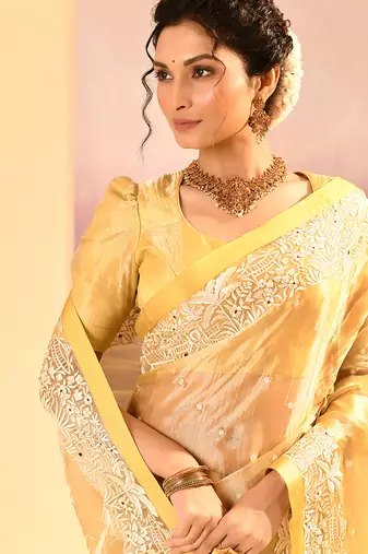 Yellow embroidered tissue saree set
