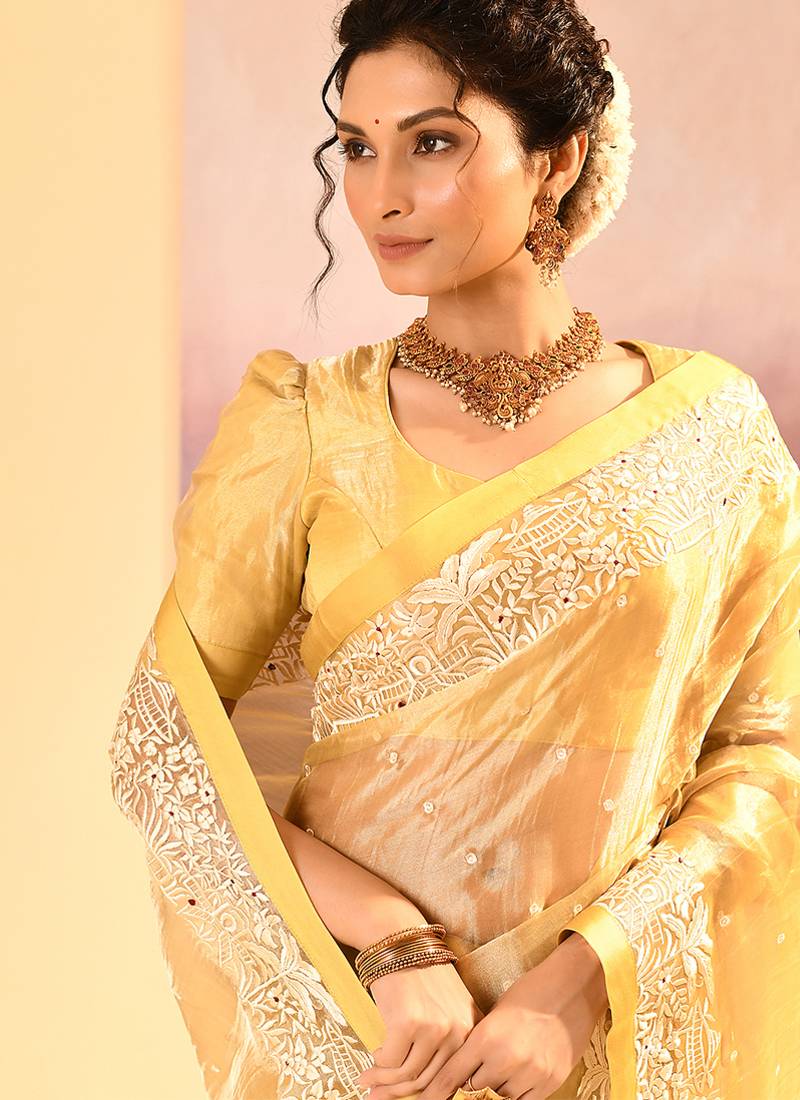 Yellow embroidered tissue saree set