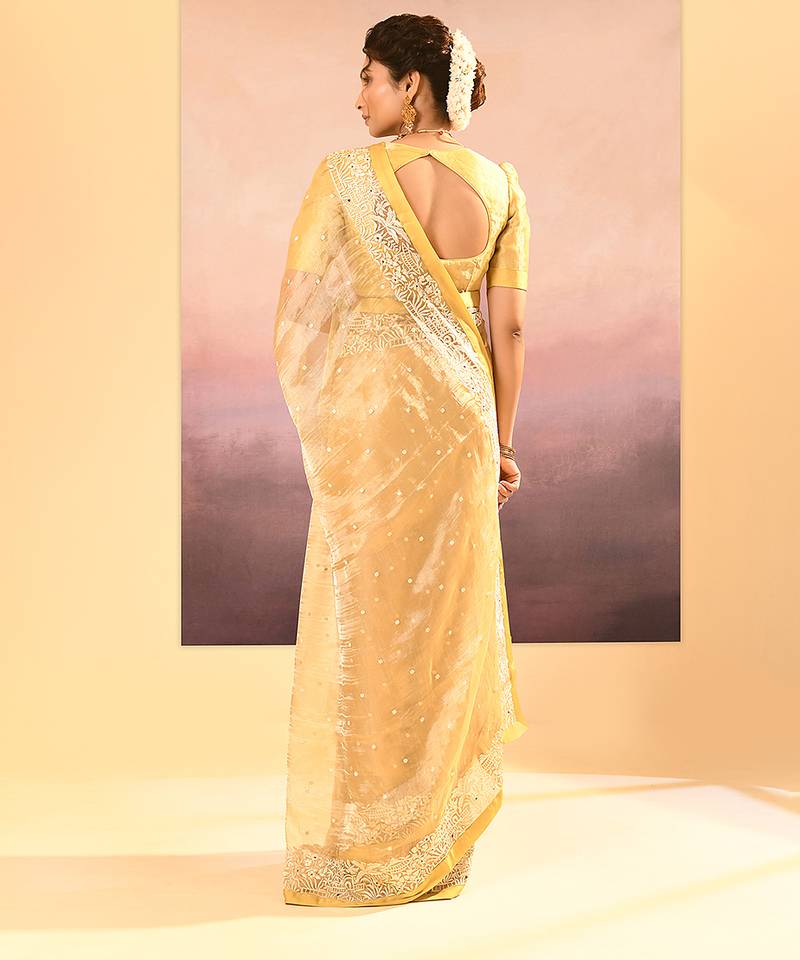 Yellow embroidered tissue saree set